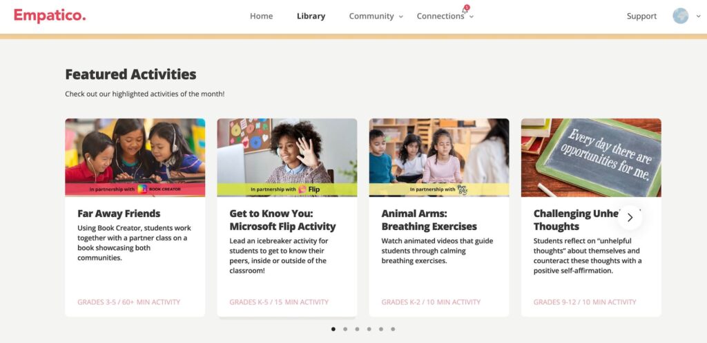 A screenshot of Empatico's activity library, showcasing Featured Activities for collaboration, like Book Creator's Far Away Friends activity.