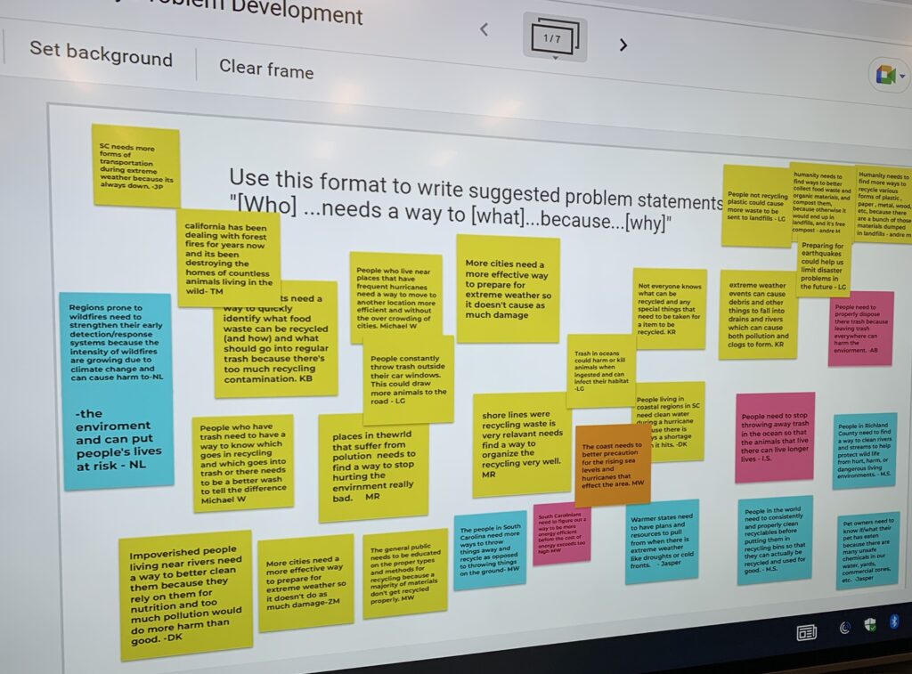A mind map of students' project brainstorm notes for the Coding with Empathy Challenge. The image includes students' answers to the prompt: "[Who]...needs a way to [what]...because...[why]." This exercise helps students develop empathy along with STEM skills.
