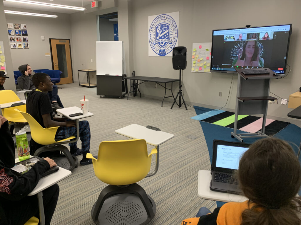 Students in a classroom in Columbia, South Carolina, USA, watch a video screen as they participate in a webinar with Empatico, Code.org, and their peers in Jalisco, Mexico, all while learning empathy along with STEM skills.