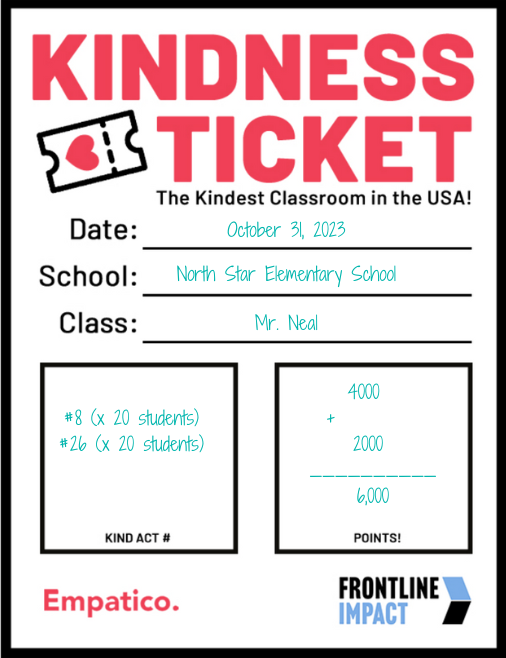 An example of a kindness ticket submitted by an educator with their students' kind acts and the total number of points