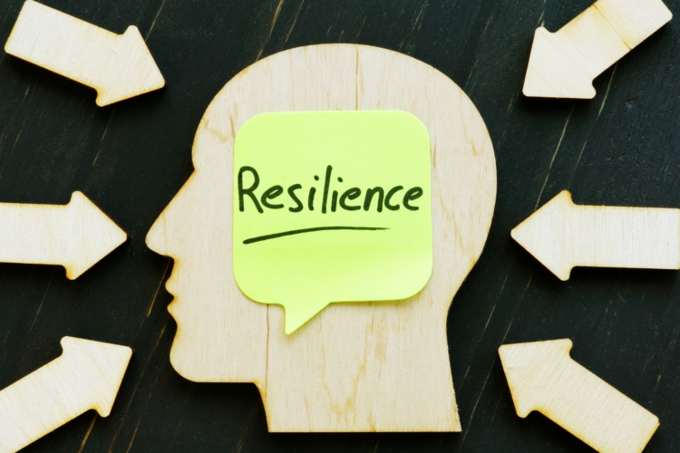 The picture represents resilience with a person in the middle, and arrows pointing towards them.
